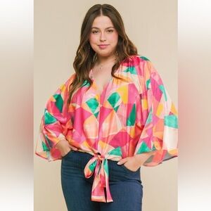 NWT! Plus Luxury Colorful Geometric Sheer Kimono Sleeve Women's Top